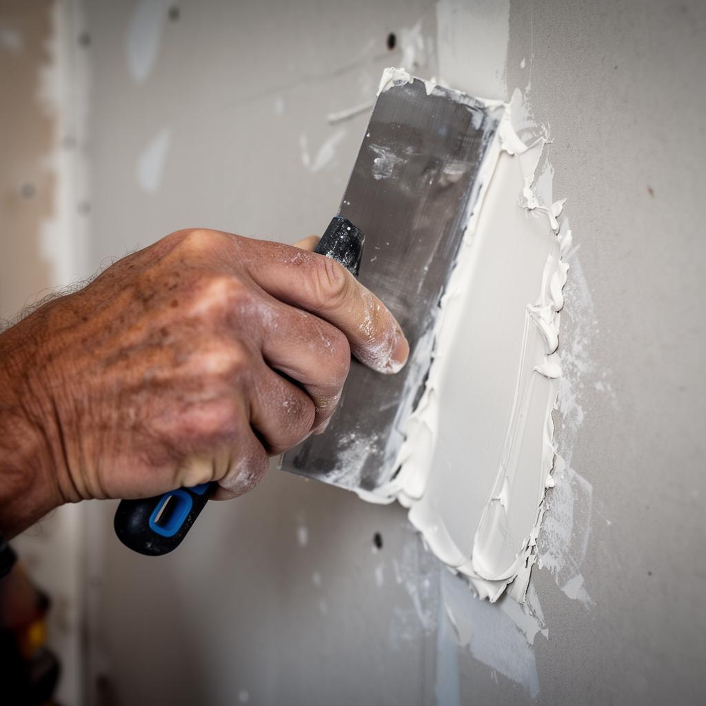 Skilled hand smoothing joint compound over a drywall patch