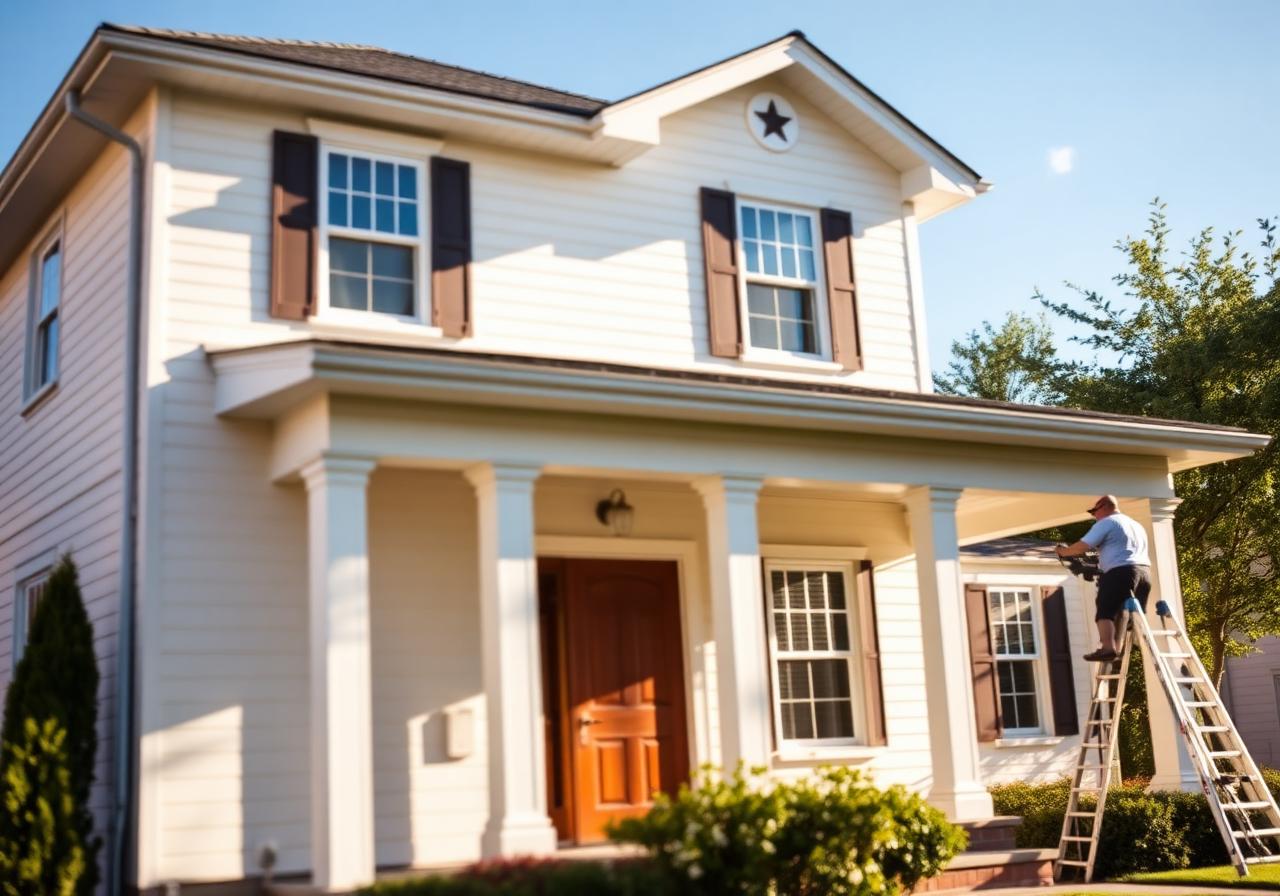 Two-story Texas home freshly painted with painter on ladder