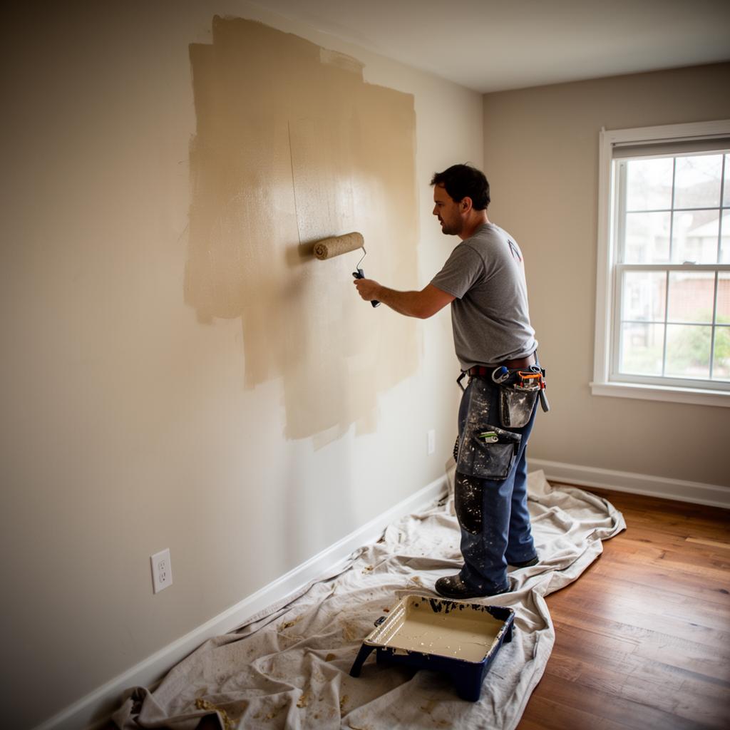 Professional painter rolling paint on residential walls