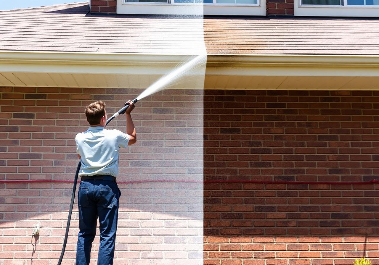 Professional pressure washing a brick home exterior