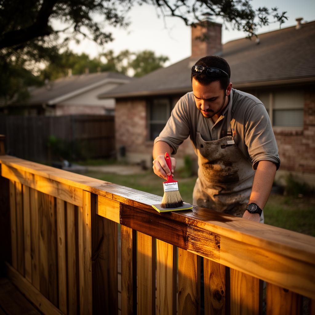 Professional applying wood stain to a residential deck